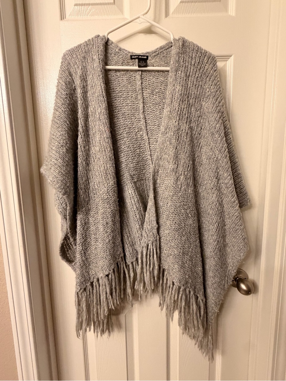 DKNY Light Gray Open-Front Knit Poncho with Fringe
